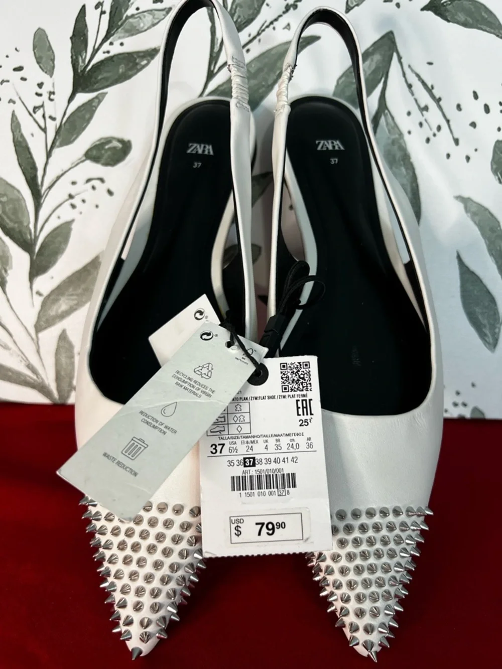 ZARA Women's Pointed Toe Studded Leather Slingback White Flats Sz 37 NWT
